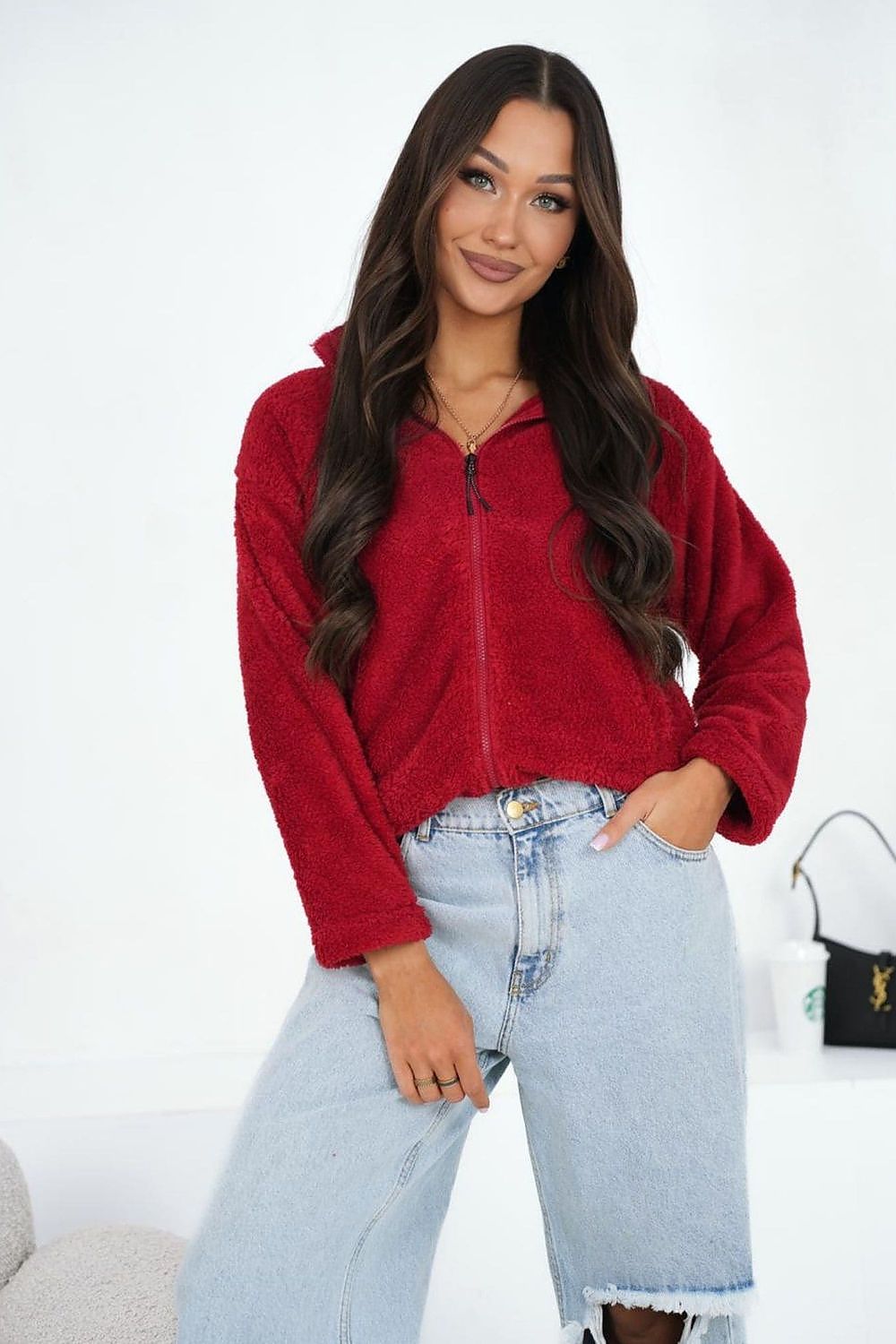 Women's sweatshirt red teddy fleece full zip front view