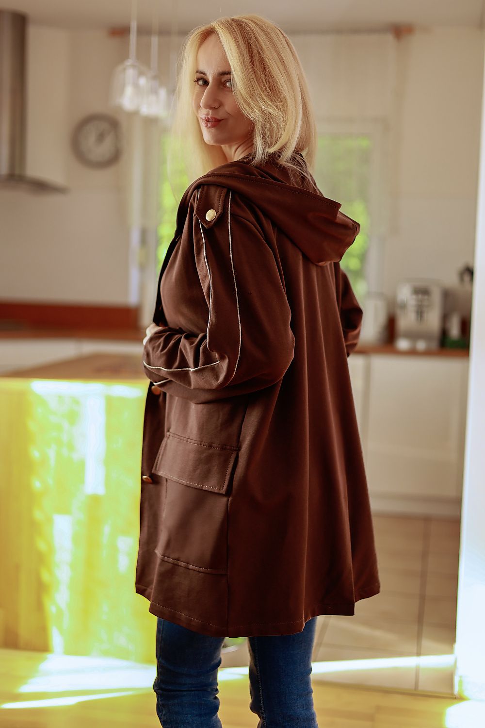 Women's sweatshirt brown button detail view