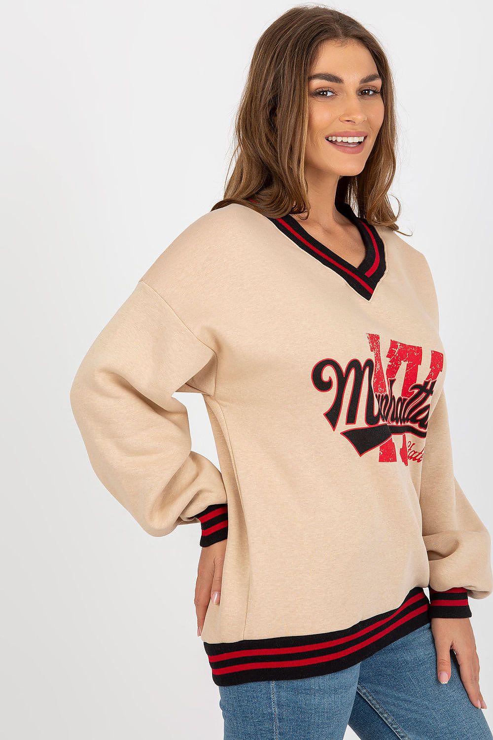 Women's Sweatshirt V-Neck College Print Contrast Ribbing – Sweatshirt | GUOCALI – view 2