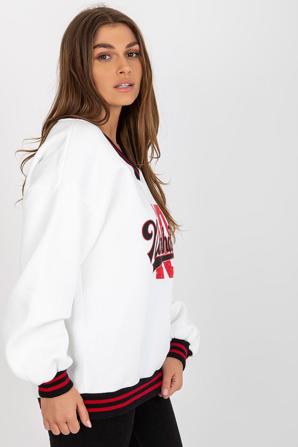 Women's Sweatshirt V-Neck College Print Contrast Ribbing – Sweatshirt | GUOCALI – view 6