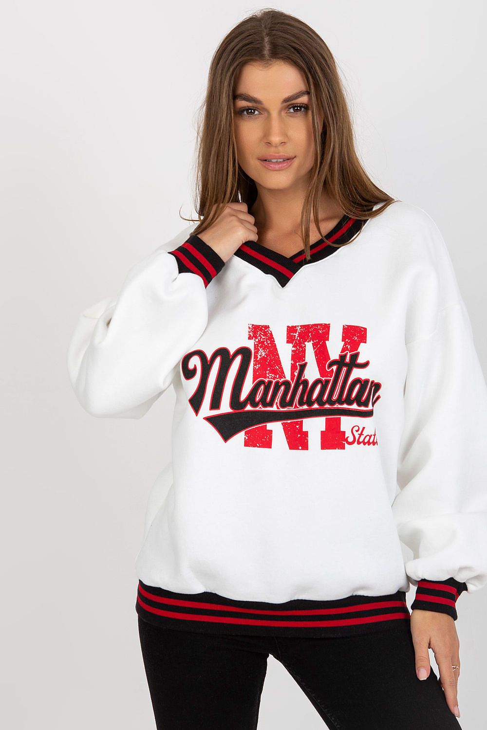 Women's sweatshirt white V-neck college print front view