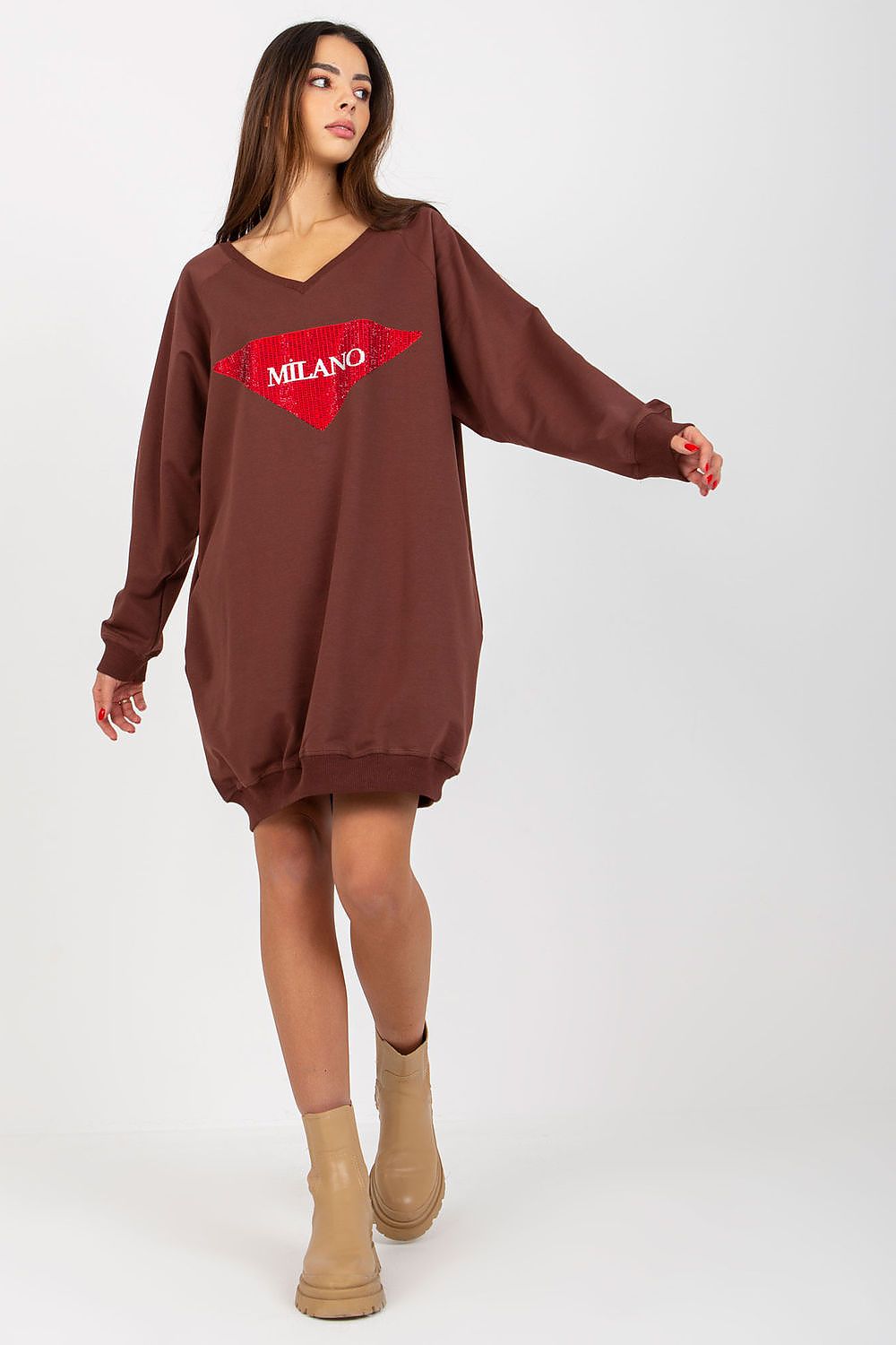 Women's sweatshirt brown V-neck oversized longline front view