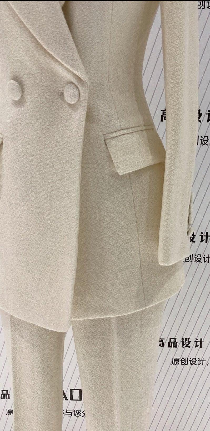 Woolen Women Pant Suit - Thick Beige Trouser Suit - Pantsuit - Guocali