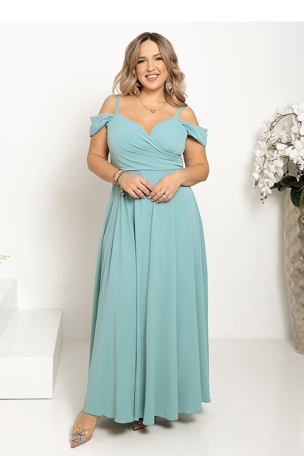 Wrap Neck Evening Maxi Dress – Thin Straps, Slit Hem | GUOCALI – view 7