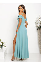 Wrap Neck Evening Maxi Dress – Thin Straps, Slit Hem | GUOCALI – view 8