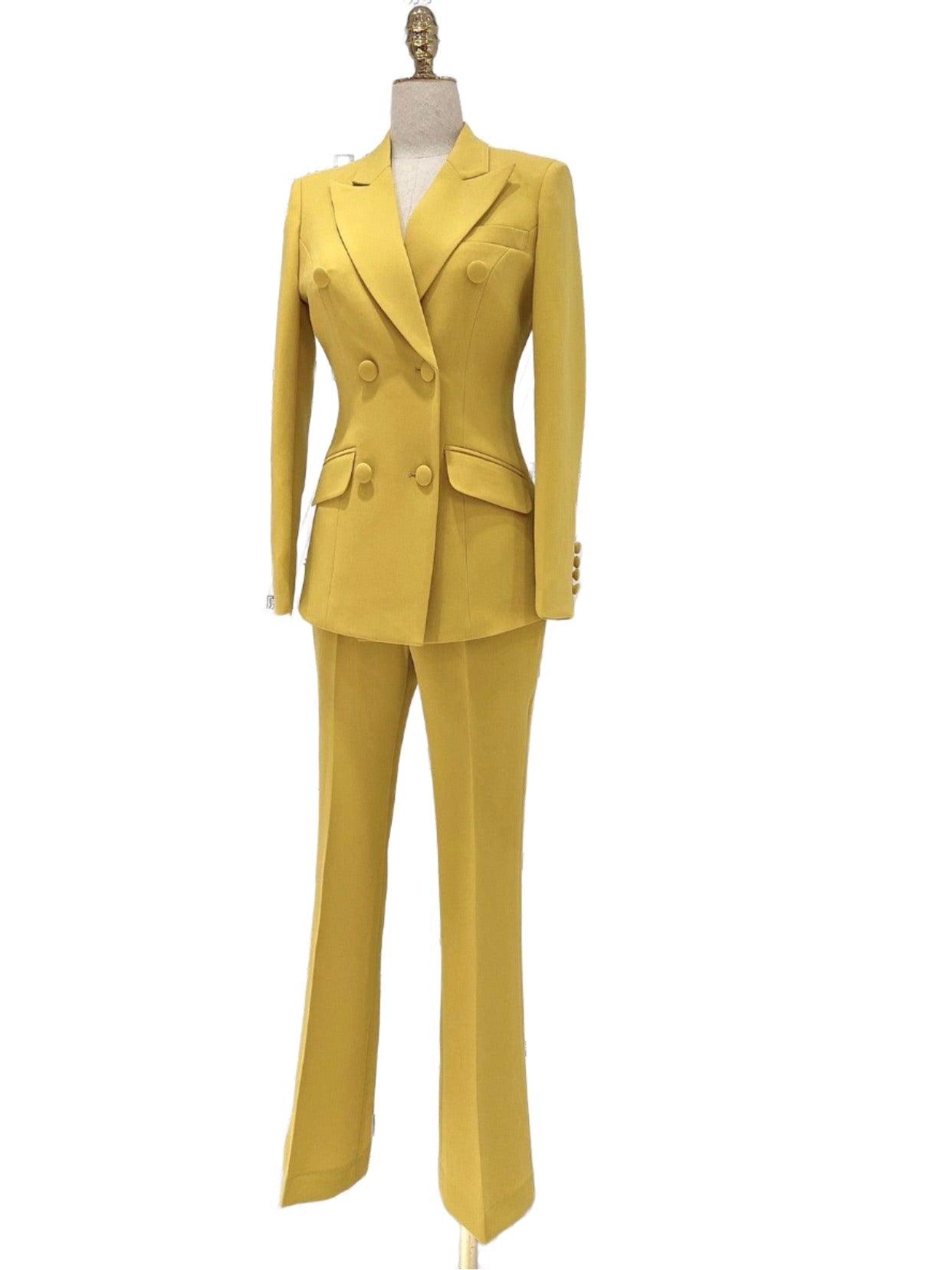 Yellow Double-Breasted Pant Suit - Flared Women Suit - Pantsuit - Guocali