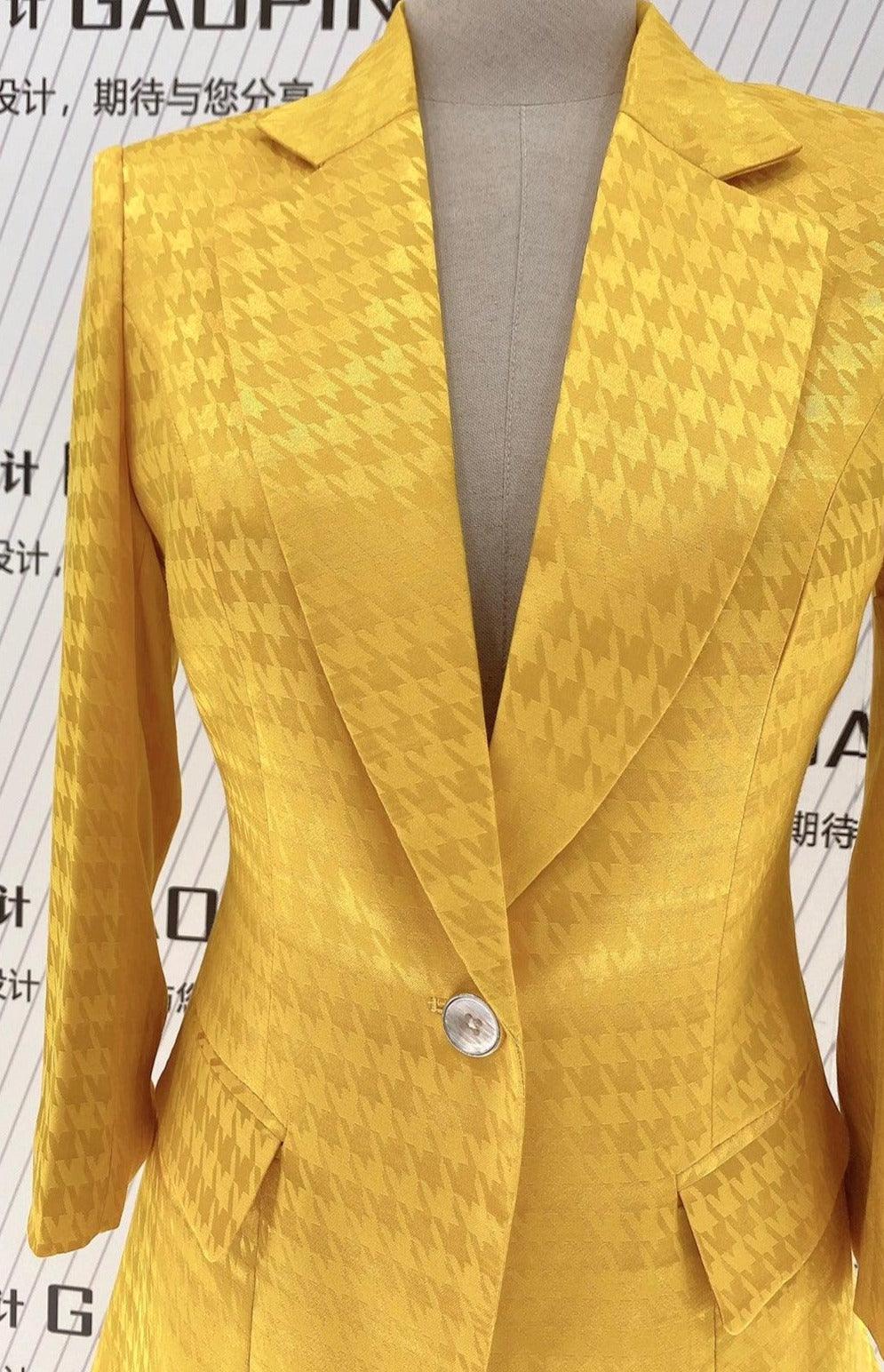 Yellow Plaid Women Pant Suit - Thin Half Sleeve Trouser Suit - Pantsuit - Guocali